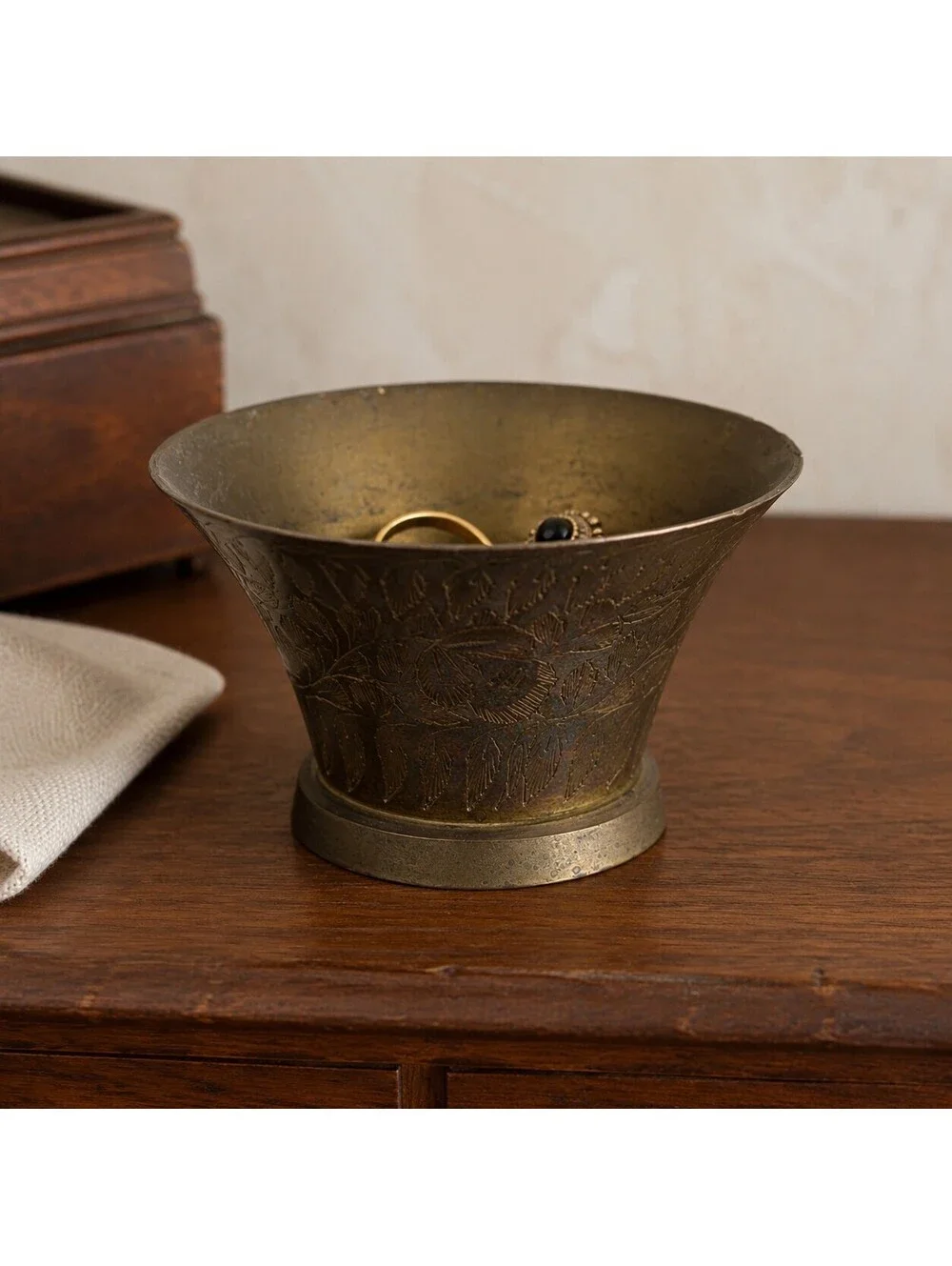 Vintage Indian Brass Pedestal Bowl Hand Engraved Floral Catchall 4.25 Inch